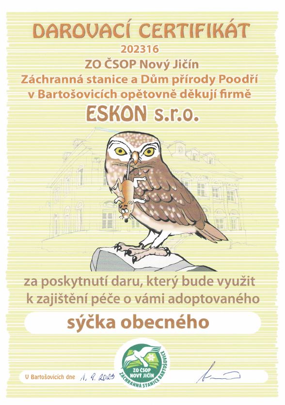 2023_10_04 darovací certifikát k adopci sýčka obecného