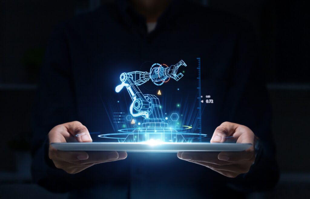 Futuristic,Digital,Interface,Displaying,Robotic,Arm,Innovation,With,Ai,Integration, aplikace v průmyslu